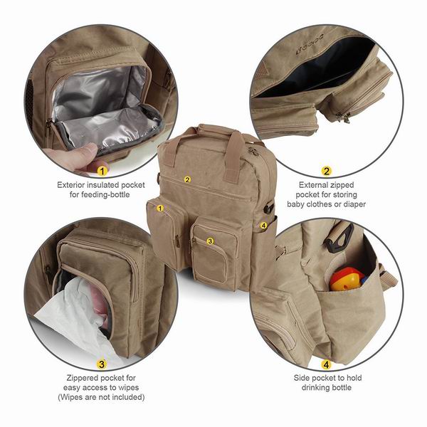 Multi-functional Diaper Bag / Travel Padded Backpack / Adjustable Shoulder Bag / Tote Handbag with Changing Pad (Khaki)_ENZO